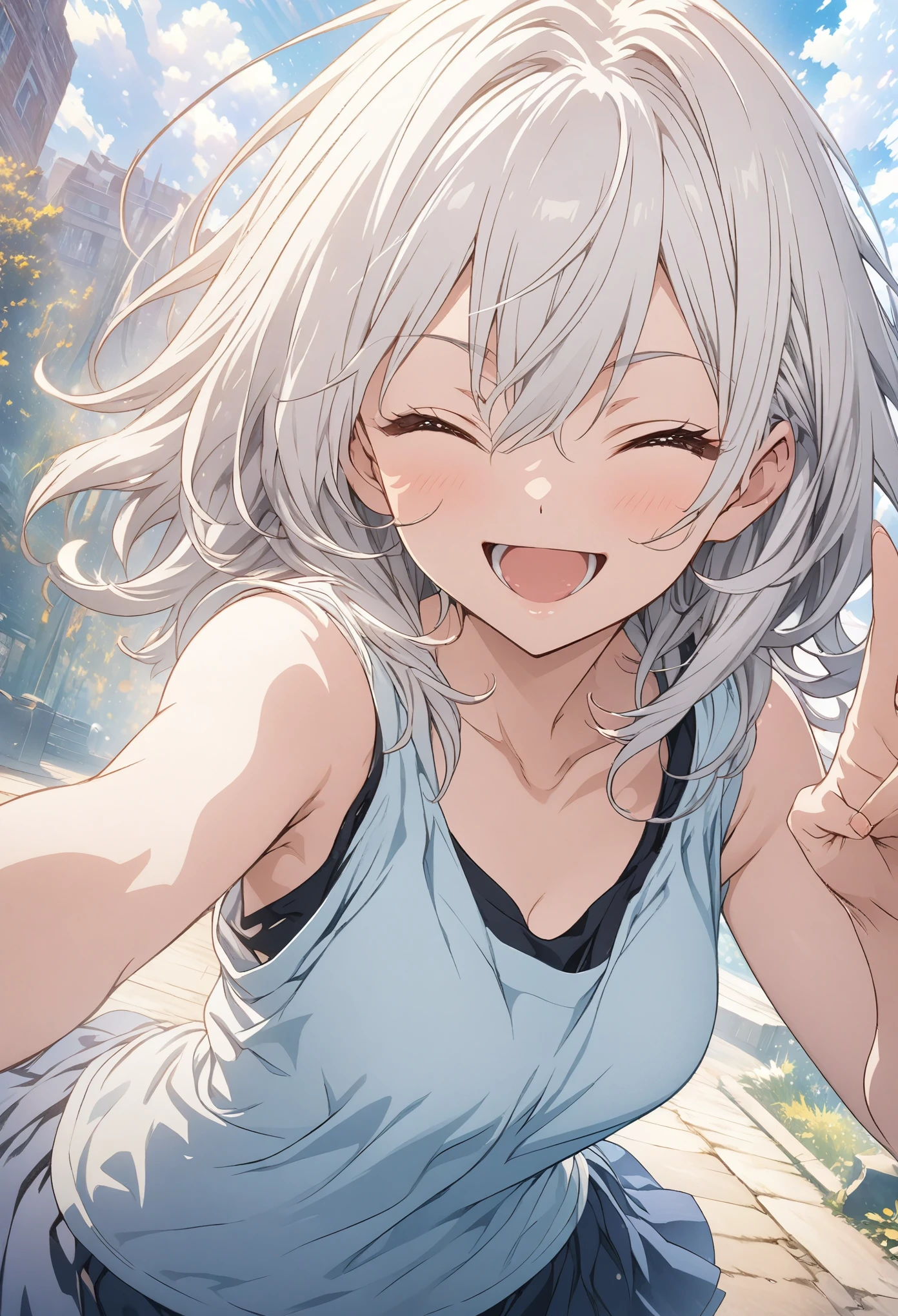 masterpiece, Highest quality, Highly detailed CG Unity 8K wallpapers, High School Girl Anime Illustration. Wear an oversized tank top、Gun pose、she has her eyes closed and mouth open, smile. The background is a light pastel colored landscape.., white hair color, Yellow Eyes