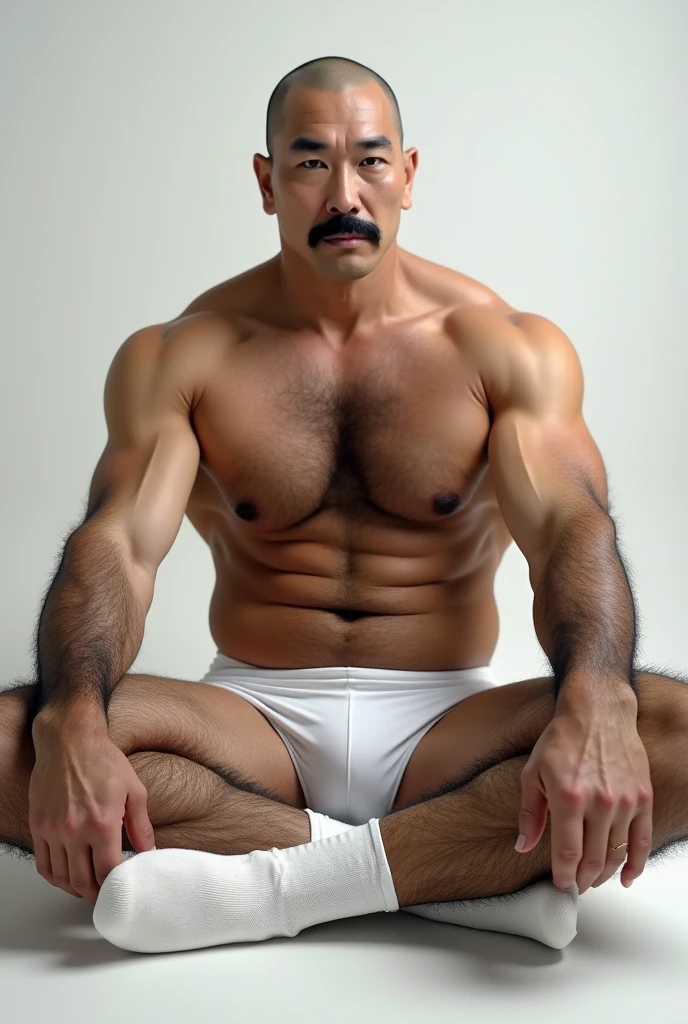 40 years old，Hidetoshi Nakata，（Kogoro Mori 1.3），Oriental face，whole body，Lean，muscle，Sitting，Legs open，White socks，Baldhead ，transparent，Thick body hair，White lingerie，Topless，Densely hairy，Fortitude，HD，With a mustache
