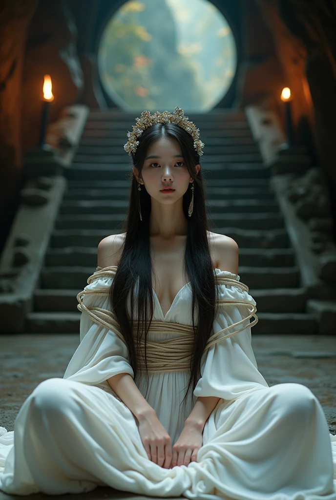 professional photo, portrait of a beautiful Chinese woman with long hair wearing a beautiful and elegant white dress, beautiful jeweled hair ornament with intricate but enchanting details, sitting cross-legged with her entire body tied with a polypropylene rope, sweet smiling face, background in a dark, light-proof room, with a natural staircase behind it, a cave-like room with two torches visible from afar at the right and left ends at the end of the stairs, realistic, cinematic, full HD image