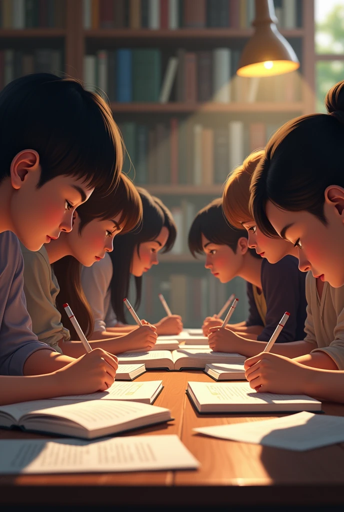 The faces of students studying are not shown