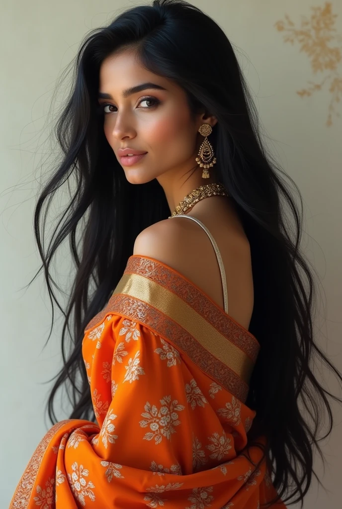 Long black hair gril, huge 
 big, face pretty, dress saree indian gril, skin tone white, boby shap curve