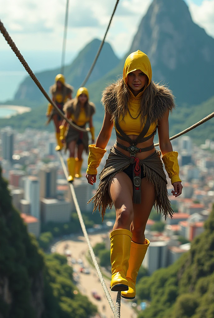 Viking women wearing yellow plastic balaclava galoshes on a tightrope in Rio de Janeiro 