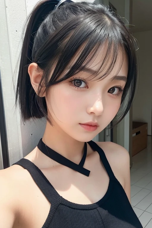 Hair Black、ponytail、sideboob、knit、hot pants、Hairstyle: short black hair,
a girl,独奏,highly detailed beautiful face and eyes,looking at viewer