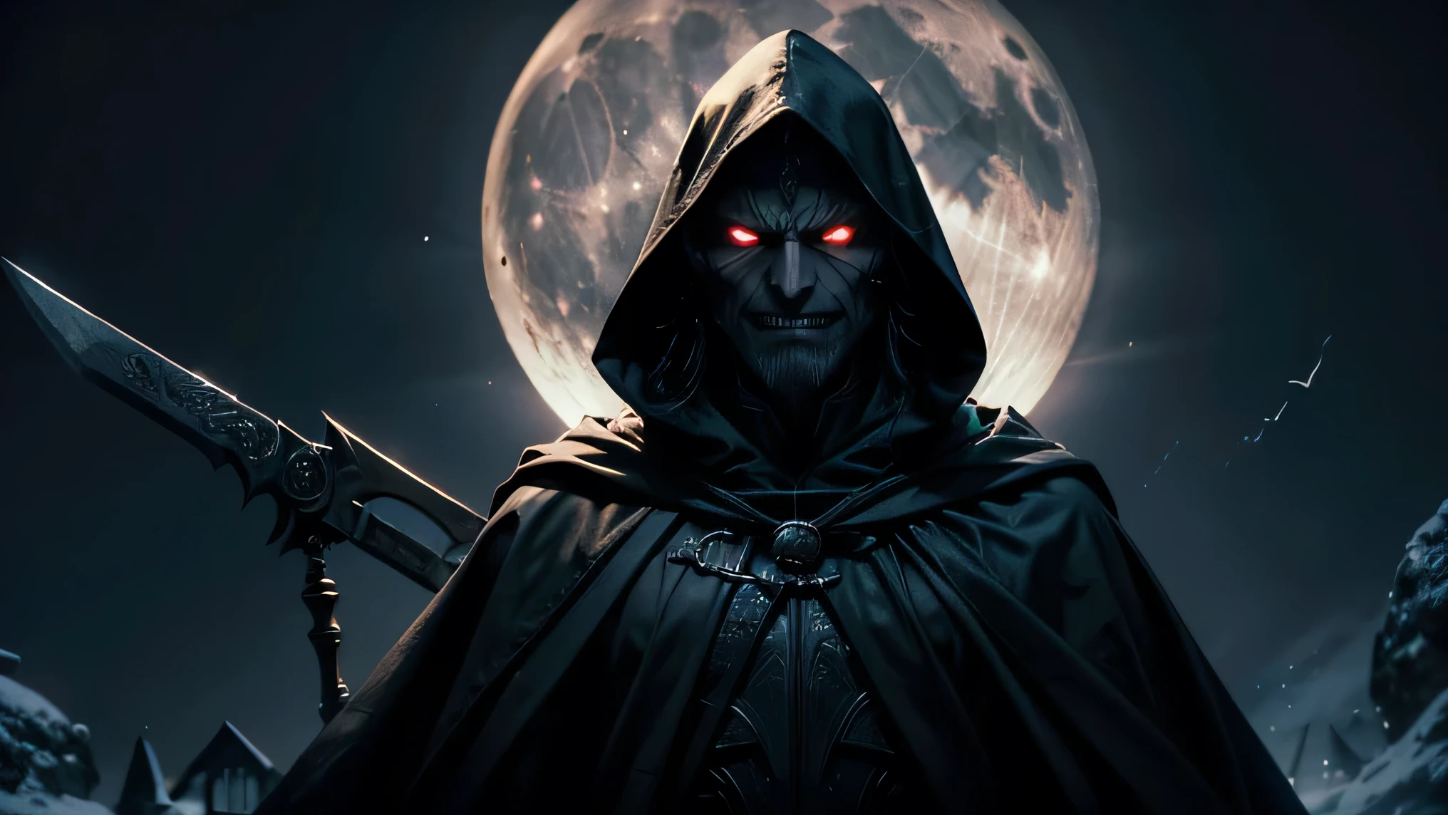 "A close-up of Agahnim's face, with a sinister smile, illuminated by the cold, pale light of a full moon in the background. His eyes gleam with a dangerous, malevolent intent, casting shadows on his angular features. The moonlight highlights the sharp contours of his face, emphasizing his dark, hooded robe that blends into the night. The expression on his face is one of eerie confidence and hidden power, as if he is on the verge of unleashing something terrible."