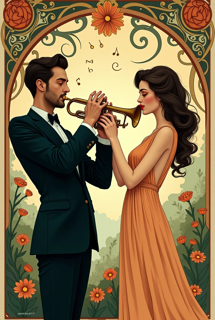 Homme qui joue de la trompette, femme qui joue de la clarinette, couple, affiche art nouveau