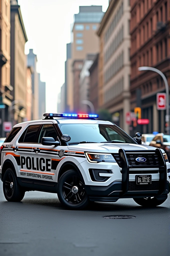 Ford Explorer American police car, white color with black police wheels 