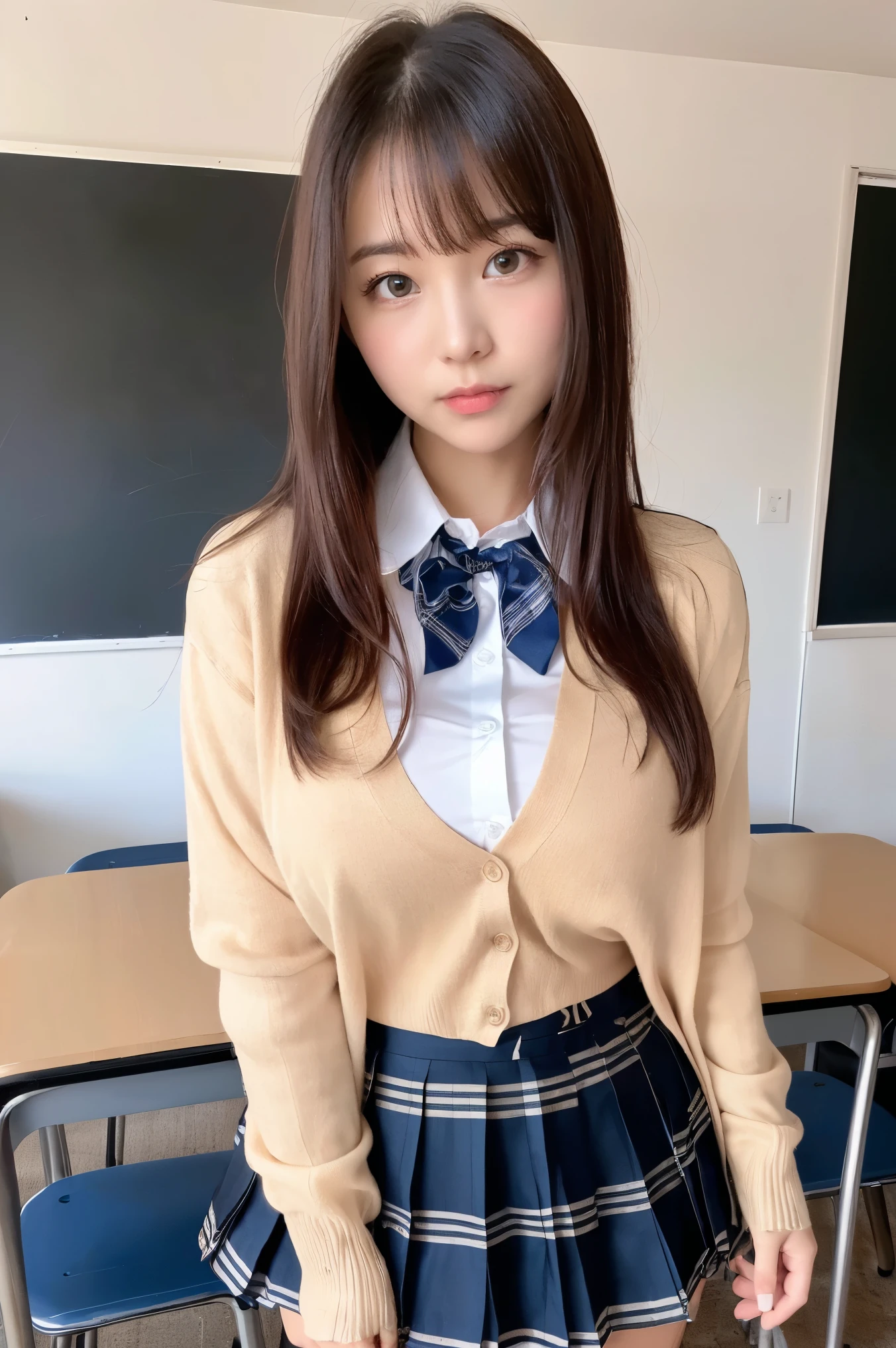 (((8k、High resolution、Highest quality、High resolution)))alone、Natural body shape、White skin、Natural Makeup、((Black Hair、bangs、Straight Long Hair))、((()))、((I can see your panties))(Sitting upskirt), (Ultra-realistic pantyhose), (Pantyhose and panties are visible),(:1.4)、(())、(((((Full body photo)))))、(((Looking into the camera)))、(((Wear a uniform on the upper body)))、classroom、(((Of high school))) 、((white collared long sleeve blouse))、((Beige cardigan))、((Pleated skirt with dark blue plaid pattern、mini skirt))、、、Expressionless、((Exposing your thighs)), Beautiful mature woman