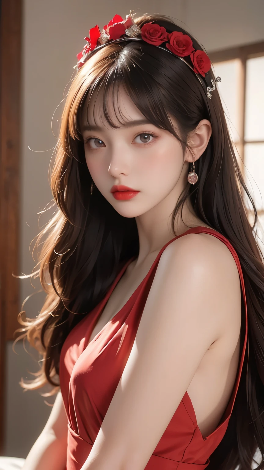 (masterpiece),(best quality:1.0), (ultra highres:1.0), detailed illustration, 8k, anime, 1girl, beautiful anime girl, wearing a red dress, flower crown, pretty face, detailed face, beautiful eyes, detailed eyes, dark red eyes, bright red lips, red lipstick, beautiful stylish hair, highlights in hair, bangs anime style, best quality, vibrant