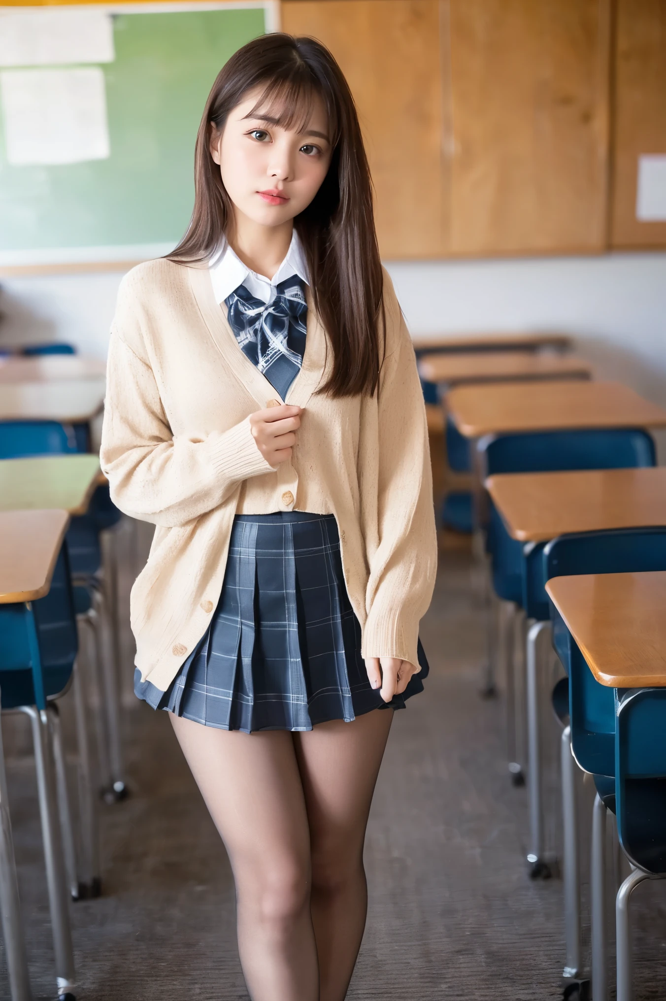 (((8k、High resolution、Highest quality、High resolution)))alone、Natural body shape、White skin、Natural Makeup、((Black Hair、bangs、Straight Long Hair))、((()))、((I can see your panties))(Sitting upskirt), (Ultra-realistic pantyhose), (Pantyhose and panties are visible),(:1.4)、(())、(((((Full body photo)))))、(((Looking into the camera)))、(((Wear a uniform on the upper body)))、classroom、(((Of high school))) 、((white collared long sleeve blouse))、((Beige cardigan))、((Pleated skirt with dark blue plaid pattern、mini skirt))、、、Expressionless、((Exposing your thighs)), Beautiful mature woman