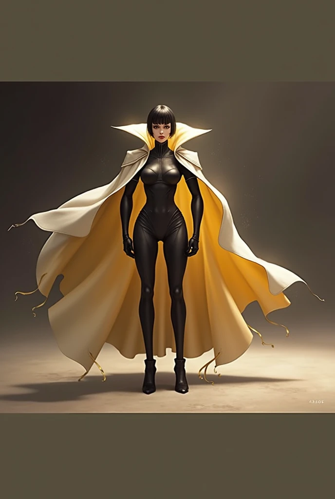 (masterpiece, best quality:1.2), from below, solo, 1girl, ozen, expressionless, closed mouth, looking at viewer, hands on hips, black jacket, cape, black pants, black gloves