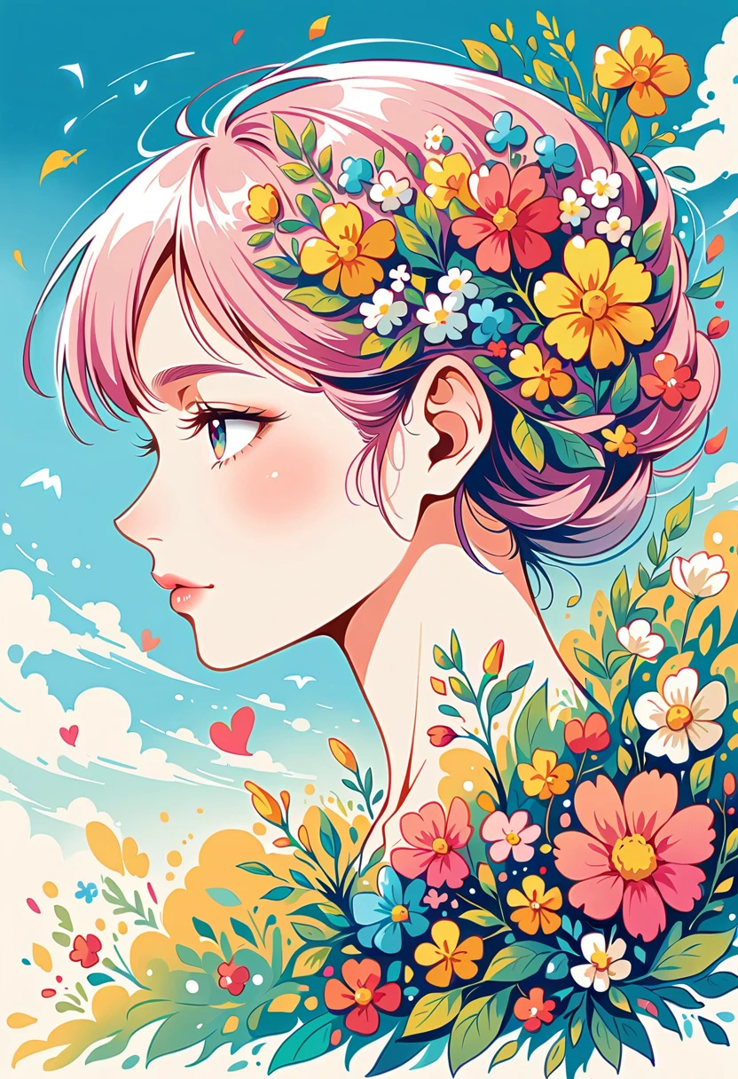 Watase Seizo style, whole body,Woman with horns, Simple line initials,Abstract art,Countryside Background, (((The most beautiful girl))), Lips in Love, walk, Colorful flowers, colorful, The monsters surrounding the woman, Kindness