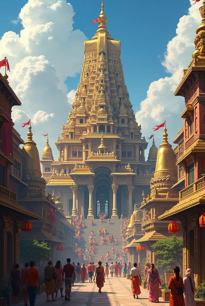 


19. **Vishnu’s Sacred Temples**: Grand temples in Vishnu’s city with elaborate carvings, golden spires, and vibrant decorations.






