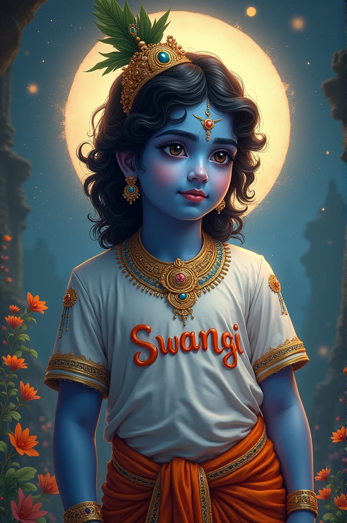 Lord Krishna with  "swangi "name printed on his t shirt ( Krishna is god(blue ) and swangi is like her child)