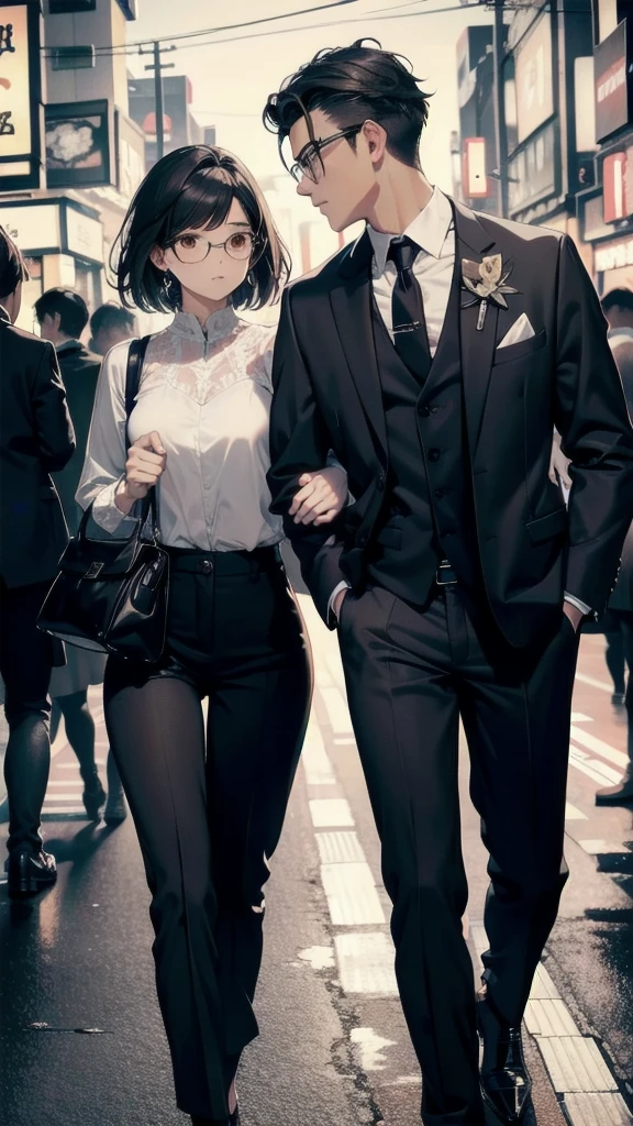 masculine, elegant, mature boy, high school student, dark brown haired boy, masculine, manly, small rear, beautiful detailed full dark brown eyes, wearing glasses, perfect eyes, ropa juvenil elegant hombre, black pants, the boy is more mature, mature boy)) (detailed lighting), ((detailed background)), ((romantic date at night walking through the streets of Tokyo)), full body shot, ((5 perfect every finger, perfect end, whole finger, perfect finger, perfect arm)) ((man and woman)) is much smaller than the boy))) ((couple of a girl and a boy)) ((big)) (((the boy is very tall, the girl is very short))) ((perfect fingers, perfect hands)) ((perfect feet)) ((kiss face to face, very close)) ((perfect detailed face)).look at each other
