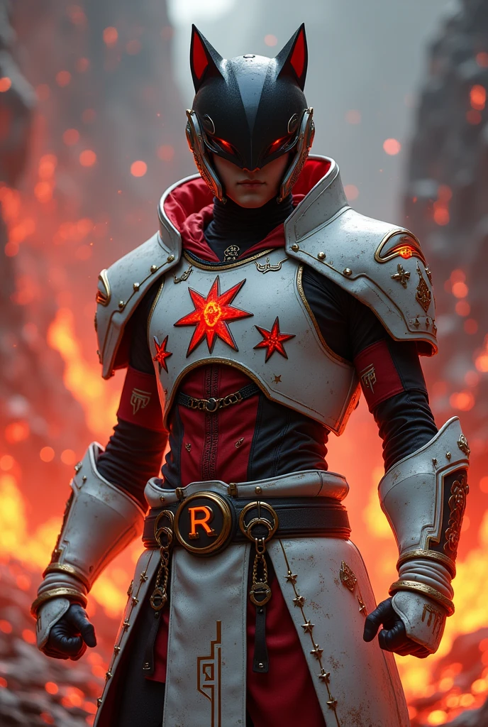 Male age 20, moto black helmet with red pins, black stone with lava glowing on the chest, white Plate armor, armor breastplate with two four-pointed red stars, a gold belt buckle with a letter R, red leotard, plate belt, plate wristband, armor boots with red flames, cyberpunk japanese style, athletic, magic powers, action, black cat nails, punch pose, volcano backgroud, full body