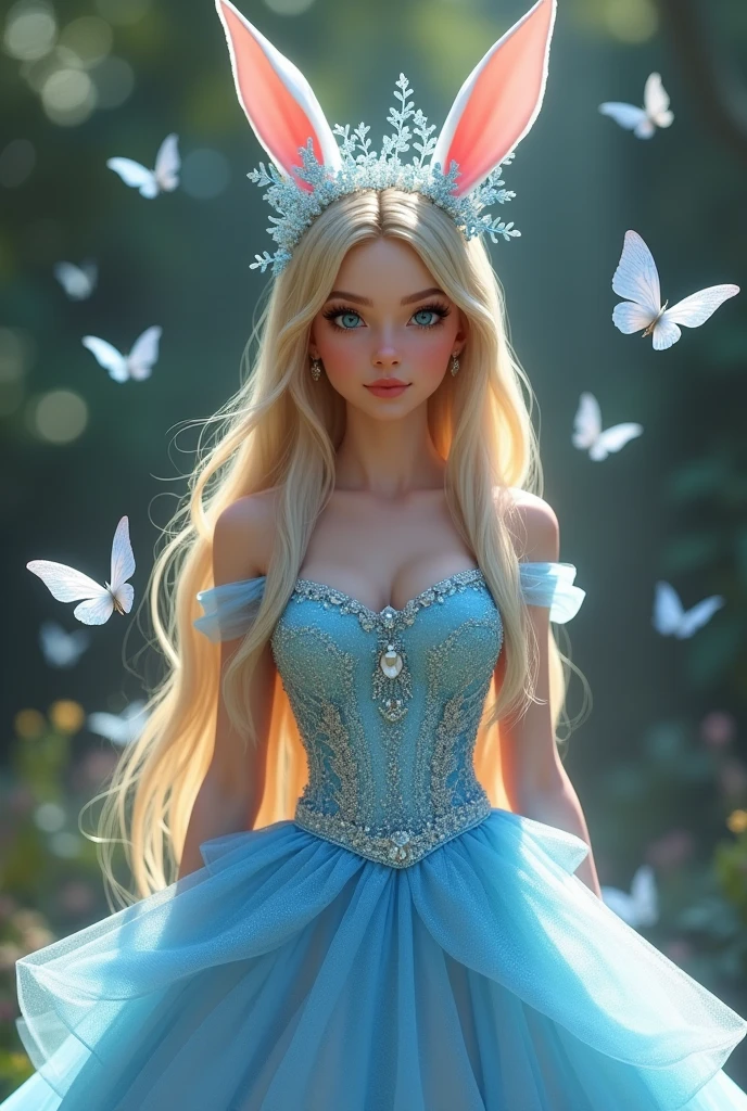 The white rabbit princess has a beautiful chest and a slender waist, yellow hair with bangs, long hair, beautiful face, tall, big eyes, very cute, wearing a beautiful sparkling blue princess dress, seeing the whole body, wearing high heels, wearing a crown with many flying butterflies.