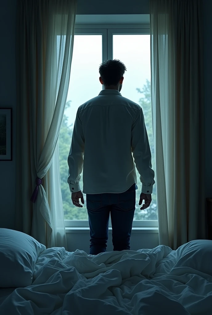 A man walking through the window and away from the bed