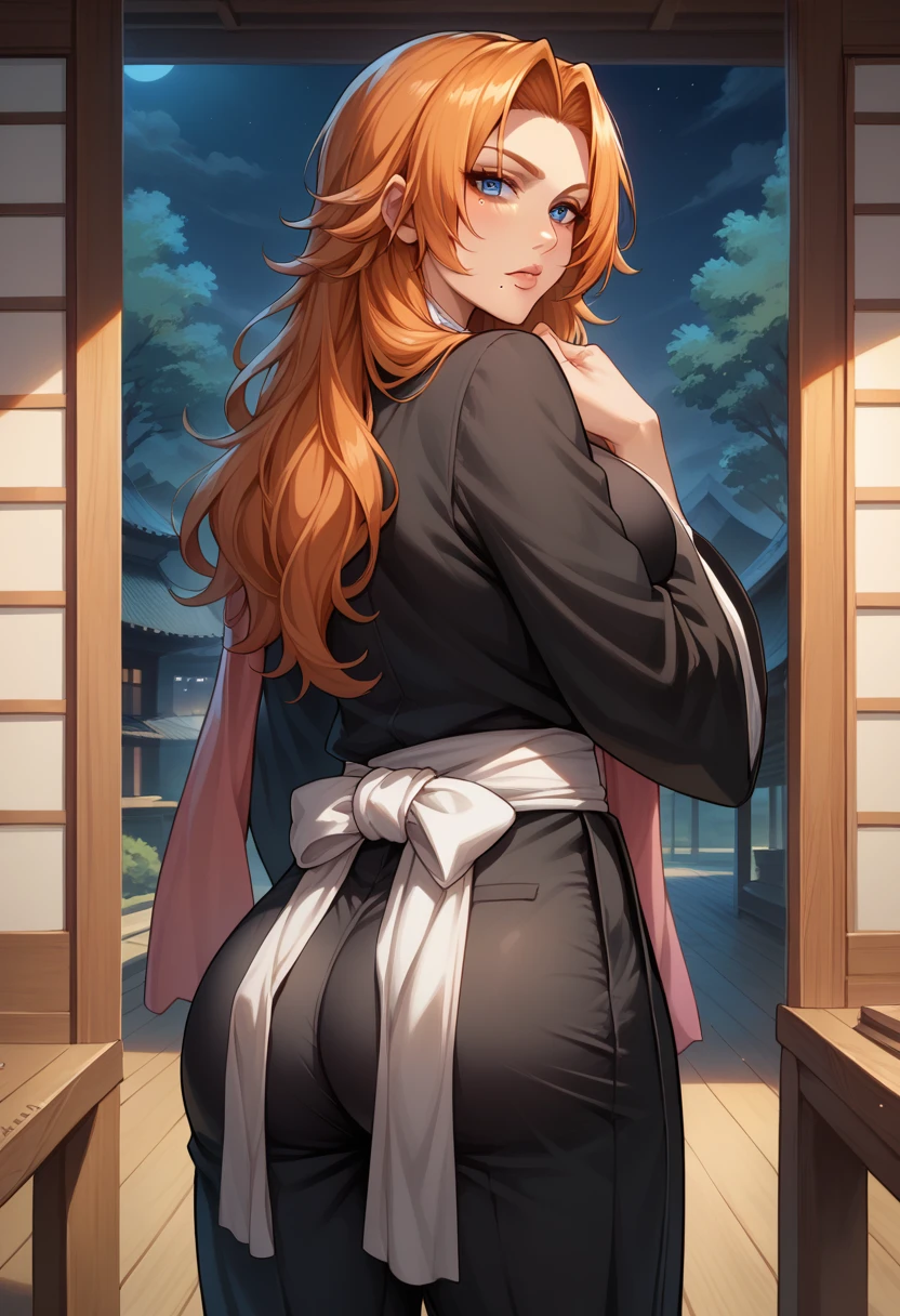 score_9, score_8_up, score_7_up, BREAK, score_9, defran, long hair, orange hair, blue eyes, mole under mouth, necklace, black robes, pink scarf, white sash, black hakama pants, looking at viewer, cowboy shot, ass, from behind, dojo, night