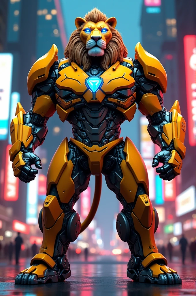 Lion in transformer bumblebee suit in standing pose newyork city background red and blue lights 