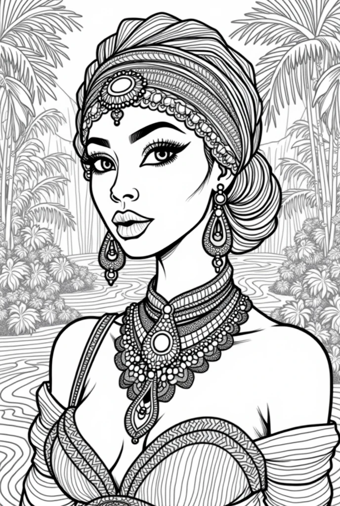  high-resolution line art coloring book page featuring the beautiful Black woman adorned with intricate jewelry and a detailed headdress. The design highlights the patterns and textures, making it perfect for a coloring book., jungle, rivers, waterfal, 