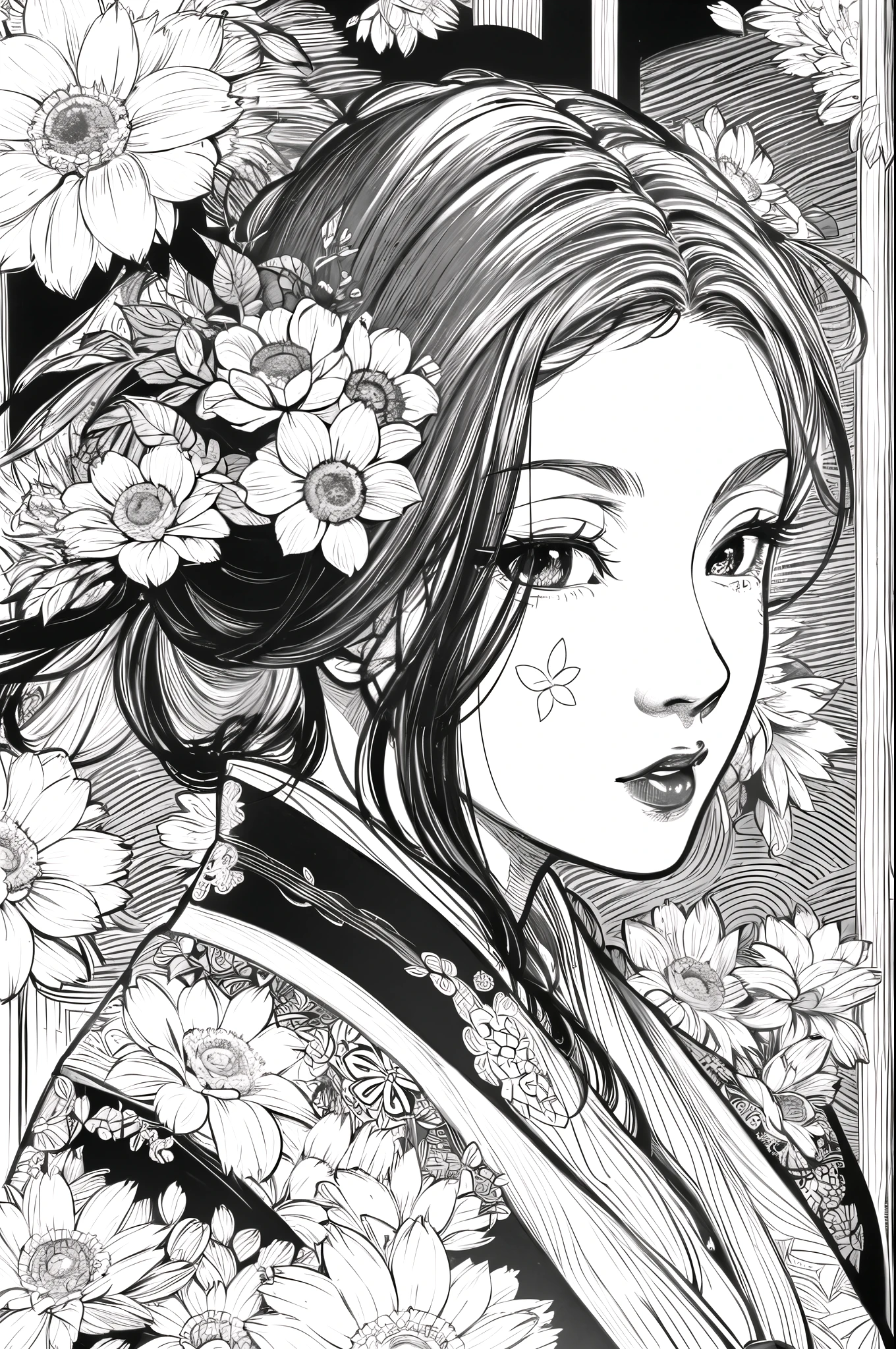 (high contrast, sketch, monochrome, clean line drawings for coloring book:1.3), Depicting a realistic and cute ukiyo-e illustration of a woman in a kimono that conveys Japanese culture. The illustration is a illustration with detailed facial features and cartoon-style visuals.