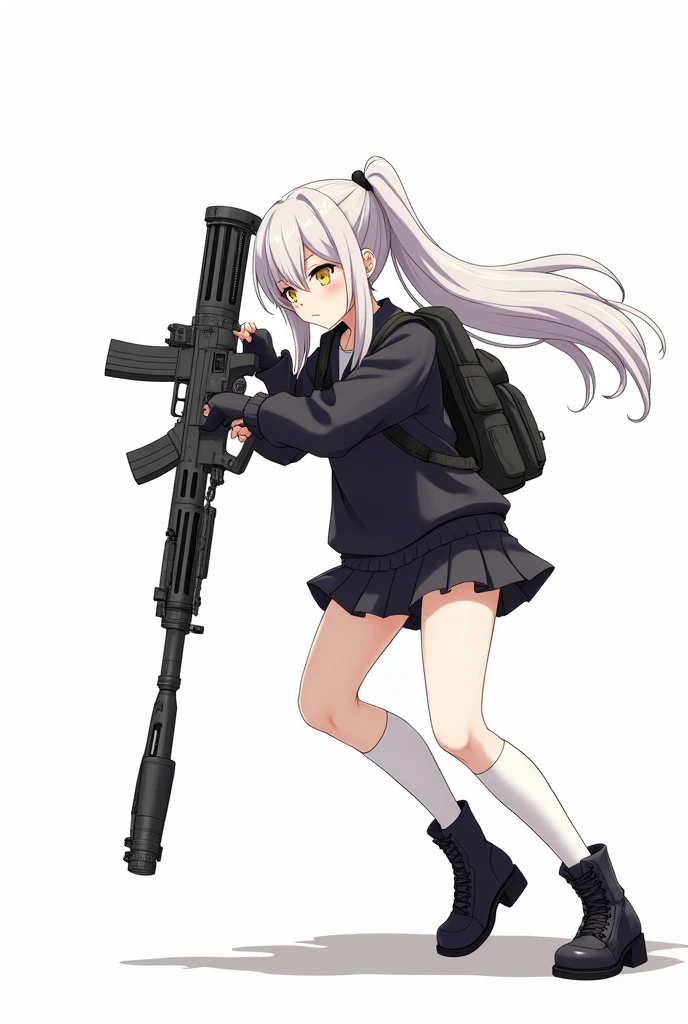 Medium-height anime girl, long white ponytail tail hair, yellow eye, aiming a futuristic Assault rifle while crouch position, wearing a loose black school uniform, short skirt, long white socks, cute black backpack, tactical gloves, tactical boots. Manga art style with white background