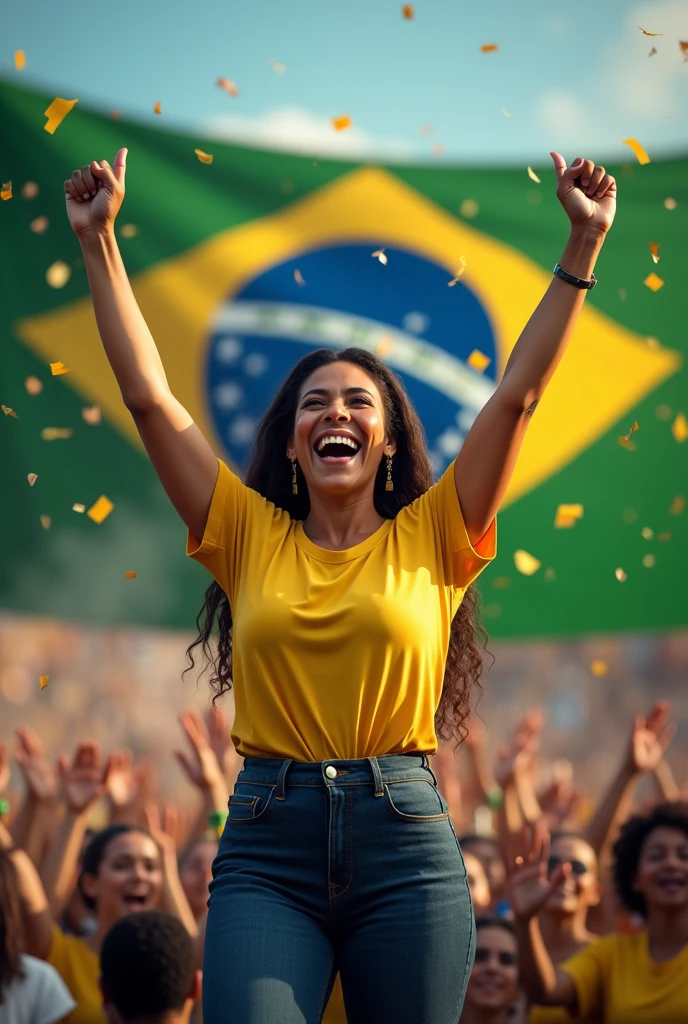 An image of a Brazilian female speaker celebrating success and victory