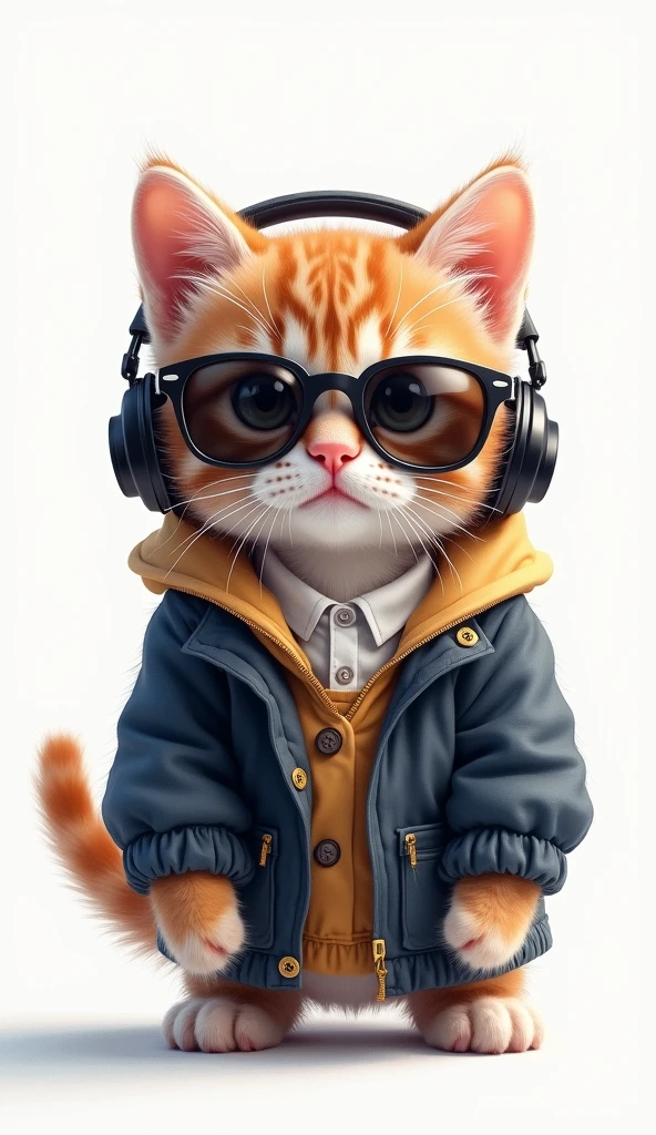 Perfect centering, Cute kitten, Wear a school jacket, Wear sunglasses, Wear headphones, Standing position, Abstract Beauty, Centered, Looking into the camera, To the camera, Near perfect, dynamic, moonlight, Very detailed, Digital Painting, artステーション, コンセプトart, Smooth, Sharp focus, 8k, High resolution, figure, art：Kahne Griffith and Vadim Kashin, White Background