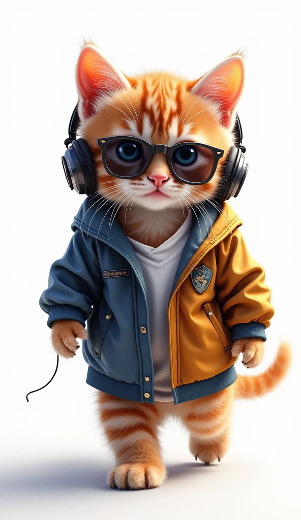 Perfect centering, Cute kitten, Wear a school jacket, Wear sunglasses, Wear headphones, Standing position, Abstract Beauty, Centered, Looking into the camera, To the camera, Near perfect, dynamic, moonlight, Very detailed, Digital Painting, artステーション, コンセプトart, Smooth, Sharp focus, 8k, High resolution, figure, art:Kahne Griffith and Vadim Kashin, White Background