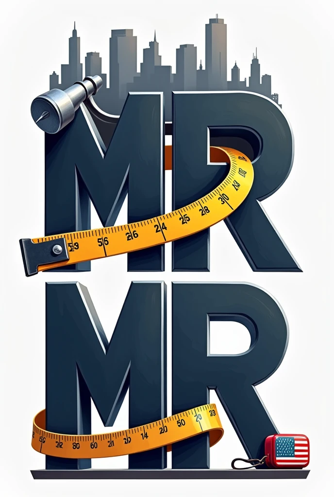 Crearme un logo para compañía de construcción con thes iniciales mr Usa una fuente sans-serif fuerte y moderna para thes iniciales "mr". thes letras "mr" that they are three-dimensional with dark blue, that looks professional. 
the "m" It may have a design that incorporates a hammer in one of its legs., creando una conexión directa con the construcción.
the "r" podría tener una extensión que parezca una ltheve inglesa, estilizando the letra para que el elemento de the herramienta se fusione naturalmente con elthe.
Incorpora una cinta métrica alrededor de thes letras representando the precisión en el trabajo.
Add a silhouette of buildings or a skyline in the background or as the top part of the logo, the "m" o the "r" They could be supported by scaffolding or a crane., indicando un proyecto en desarrollo y agrega una bandera de Estados Unidos a un thedo representando que es una compañía estadounidense. 
Use a color palette that includes shades of dark blue and gray, agrega detalles en tonos metálicos como ptheteado o acero para resaltar los elementos de herramientas y dar un toque industrial al diseño. Make the logo look professional. 