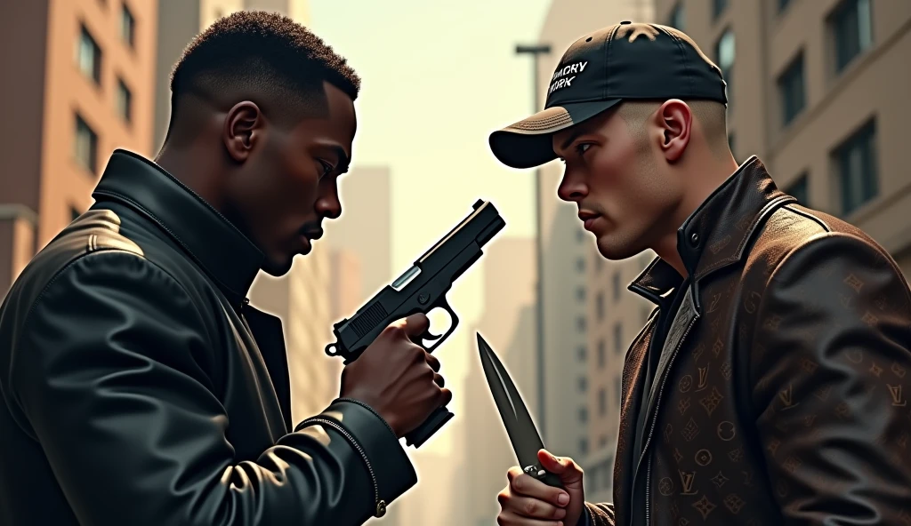 genera: character 1:Dark-skinned man whose clothing is from the brand EMPORIO ARMANI 7, He carries a 50-caliber pistol with which he threatens character 2,This man has short African American hair, 29 years.                                                              character 2: White skinned man whose clothing is Louis Vuitton, carry a sharp knife, bald and wears a NY brand jockey, 28 years, stuffed crust
