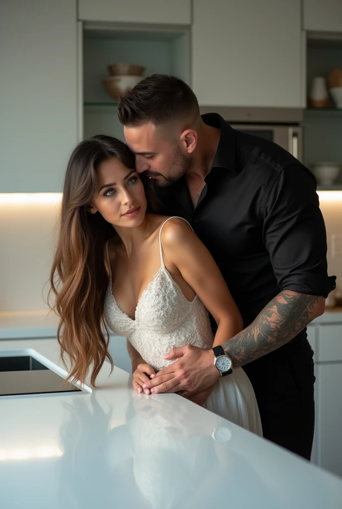 create dynamic pose and distant angle images, uma mulher jovem 20 year, Kennedy Walsh, Caucasian skin, freckles, 精致的面容, greyish blue eyes, very long brown silky hair with curtain style bangs, wearing an ornate white dress, fallen on the shoulders, long puff sleeves. She is leaning forward over a huge white countertop in the middle of a modern kitchen., behind her is a man, Can Yaman, 20 year, long brown hair with bun, strong square chin, defined chin, thin thin mustache , strong muscular physique, he&#39;s rubbing it, holding her waist, wearing a black dress shirt, black dress pants with belt, tattooed arm and hand, expensive watch on wrist.