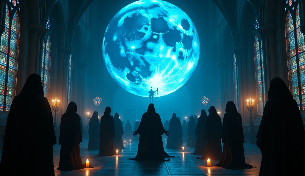 8k、 big blue moon  , fierce burning flame ,zoom up, large stained glass(number々の賞を受賞したmasterpiece、Incredible detail、Texture、Maximum details),blue flame candle, (summoning magic),(The moonlight at night is beautiful), (Demon King&#39;s Castle),(dark organization)arafed image of a group of people in a church with candles,lit candle, dark cinematic concept art, elegant cinematic fantasy art, photorealistic dark concept art, by Beeple, dark robes, wojtek fus, gothic epic library concept, gothic epic library, epic cinematic concept art, dark concept art, Beeple and mike winkelmann, symmetrical epic fantasy art, High resolution, masterpiece, Highest quality, Intricate details, Very detailed, Clear focus, practical skin texture, texture,  Shot with Canon, 85mm, Shallow and deep, Kodak Vision Color, Exactly, Very detailed, photograph_\(Extremist\), photographpractical, practical, Post-processing, Maximum details, Roughness, Real Life, Extremist practical, Photorealism, photographgraphy, 8K Ultra HD, photographgraphy
