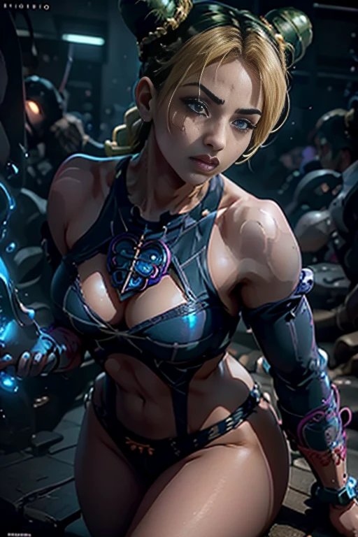 Jolyne, a young woman with beautiful detailed eyes, beautiful detailed lips, extremely detailed face, long eyelashes, wearing a tiny sexy lingerie, intimate, dramatic lighting, dynamic pose, intricate details, photorealistic, 8k, high quality, concept art