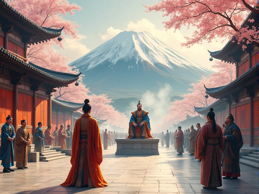 Water color painting, A hyper realistic, hyper detailed digital art of a scene at a grand wooden Japanese palace courtyard, a Chinese ambassador from the Three Kingdoms era in ornate silk robes faces a Yamato leader dressed in elaborate traditional garments. Cherry blossoms frame the scene, with Mount Fuji visible in the misty background. The Yamato ruler sits on an elevated platform, while the ambassador stands respectfully before him. Samurai guards in armor flank the area, and court nobles in colorful kimonos observe from the sides. A mix of Chinese and Japanese architectural elements surrounds them, with curved roof tiles, paper screens, and stone lanterns. Incense smoke drifts through the air, adding to the atmosphere of ceremony and cultural exchange. The painting style should feature soft, warm lighting, rich colors, and fine details in the clothing and architecture, capturing the tension and curiosity of this historic diplomatic encounter.