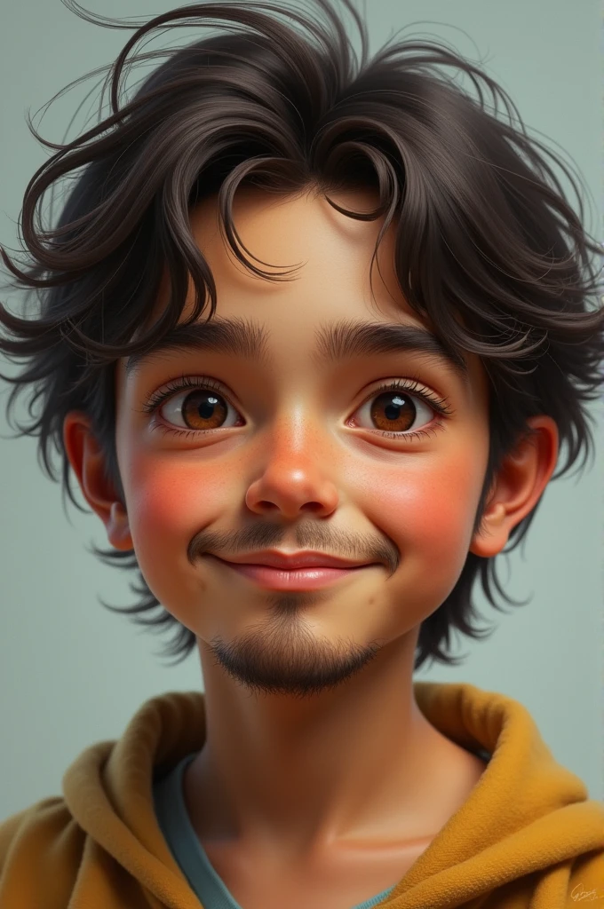 A boy with round face small brown eyes and short nose thick cheek and thin beard and moustache with long hair