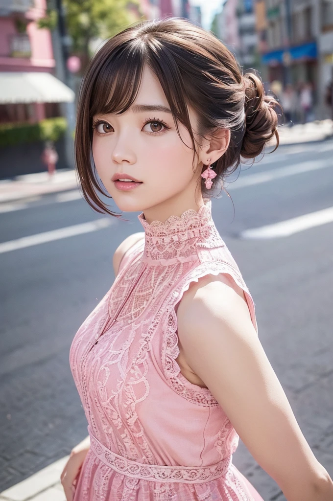 a woman posing on the street corner with Pink Dress on, Highest quality, High resolution, 8k, 1peopleの, (Small breasts), Day, bright, Outdoor, (street:0.8), (people々, crowd:1), (lace trim dress:1.5, Pink clothes:1.5, Pink high neck dress:1.5, Sleeveless dress, Pink Dress: 1.5), nice, (Medium Hair), Beautifully detailed skies, Beautiful earrings, (Dynamic pose:0.8), (Upper Body:1.2), Soft lighting, Wind, Glowing Skin, View your viewers,