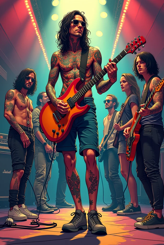 Full Body Tattoo、Colorful Japanese sculptures、thin、male、front、Wearing clothes、Shorts、shirt、Long Red Hair、sunglasses、Marijuana、Artist、musician、human、guitar、guitarist、band、rock、modern、band、live、Group of 5、