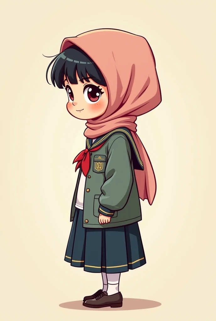 Cartoon with text:
(Masterpiece, best quality, 4k, expressive eyes, perfect face), cute and adorable girl, little cartoon girl, (beautiful face, detailed eyes), wearing black hijab, bangs, (flat style,, hand drawn style, 2d style, Cartoon artstyle, toon style), (school uniform), (full body view, standing, Side view), ((perfect body anatomy, perfect legs, perfect posture)),