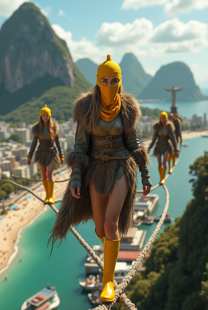 Viking women wearing yellow plastic balaclava galoshes on a tightrope in Rio de Janeiro