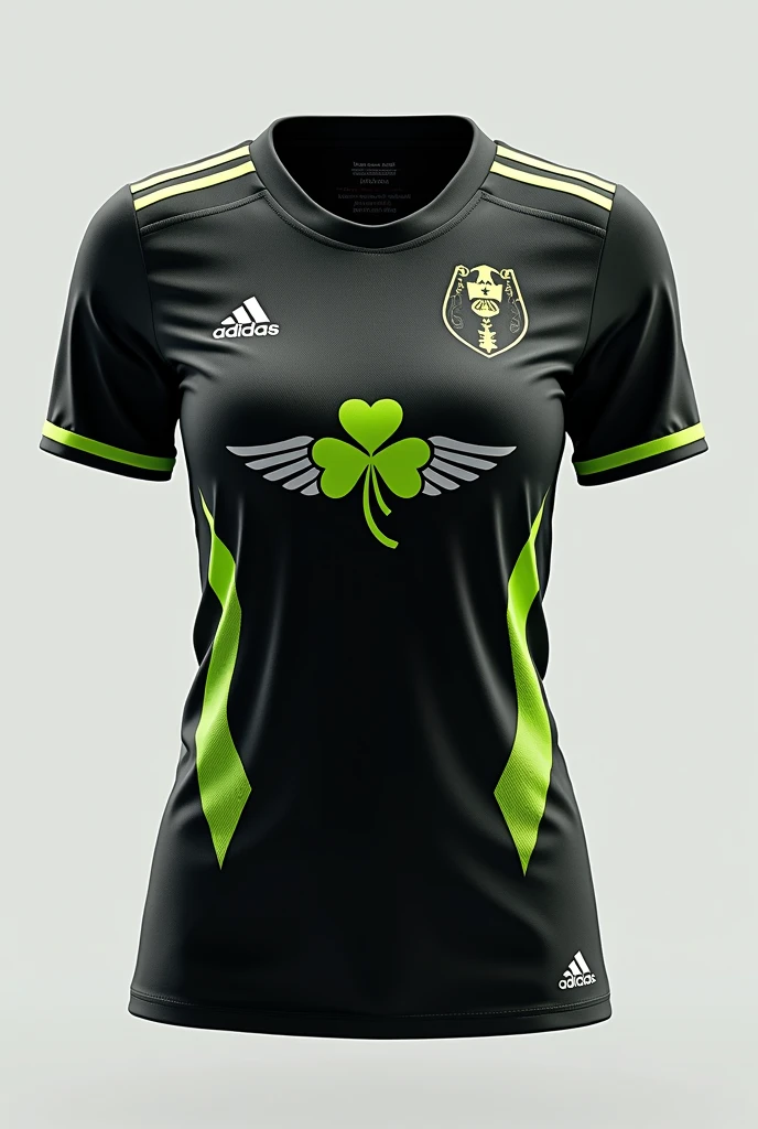 black and white women's futsal team uniform adidas, with green details. The coat of arms is a clover with three leaves and two white wings.