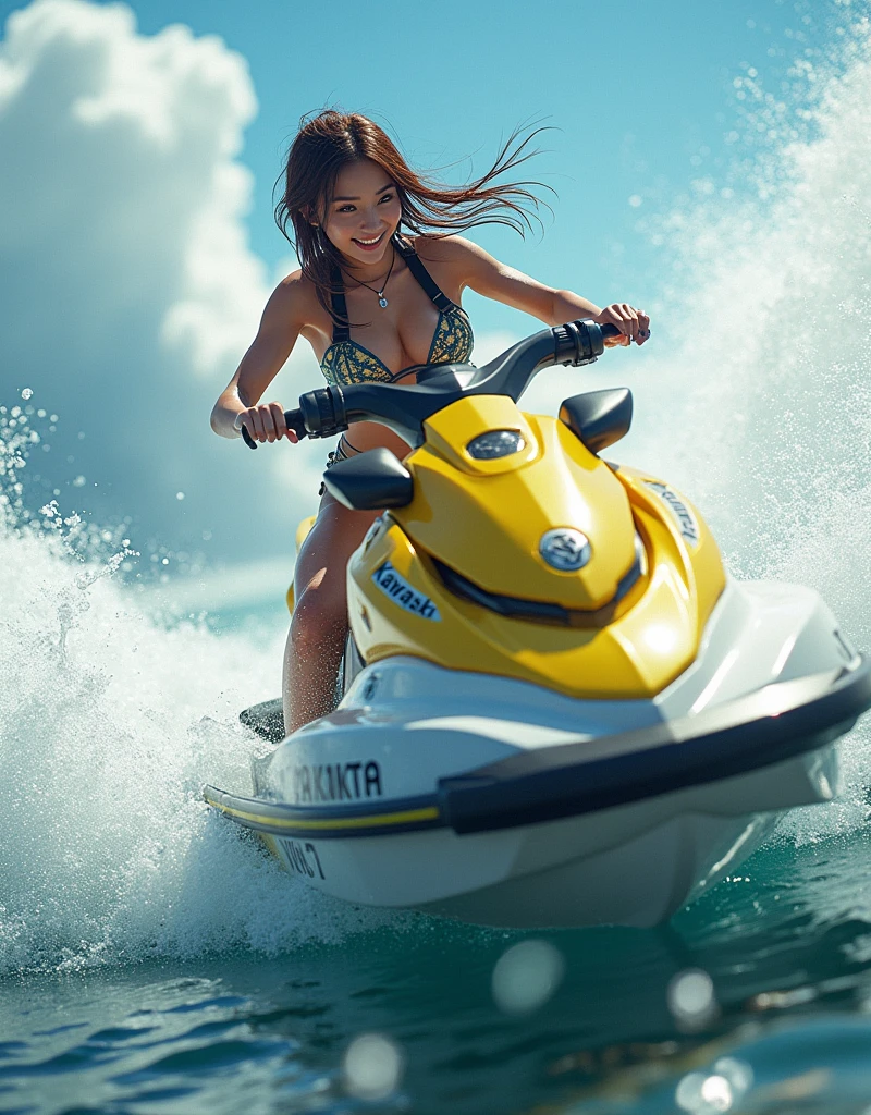 photo-realistic, ultra-realistic, very beautiful Japanese, famous Japanese idol, 20 years old, dramatic scene, masterpiece, beautiful eyes, (face focus, acrobatic closeup to her beautiful face:1.3), (wearing cyber punk cute mecha bikini:1.5), (she is enjoying an acrobatic jet skiing on the sea:1.5), (super big jump in the air over the huge waves:1.5), (fully equipped with scuba equipment:1.3), amazing view of huge waves with her brilliant riding techniques, acrobatic pose, dynamic angle, spectacular, Nimble movements, Sharp turns, (very large breasts), Kawasaki Jet ski SX-R, smile