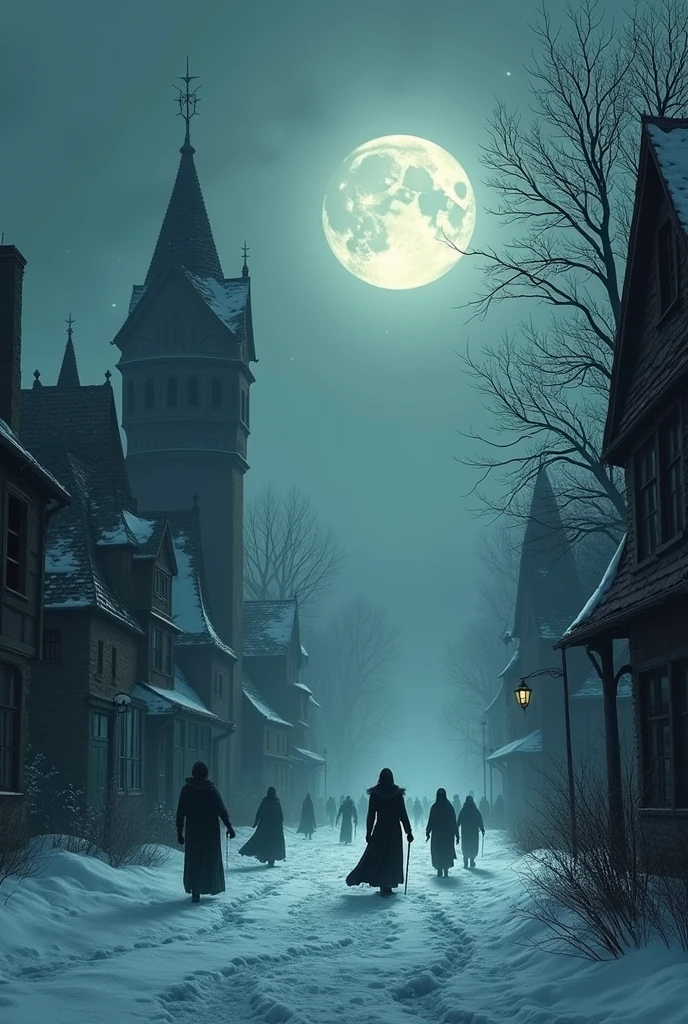 Make a cover of a town where dark snow falls, where people die and which is illuminated by the light of the moon 