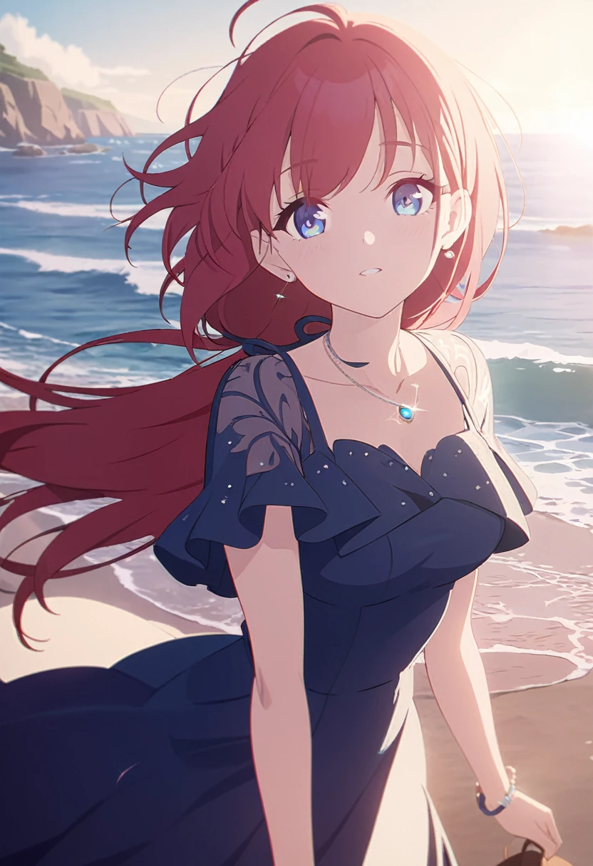  best quality, 8K, high res, ultra-detailed, cinematic lighting,1girl,bright red hair,long hair,blue detail jewelry eyes, delicate  ocean,seaside,jewelry eyes,,,((blue dress)),