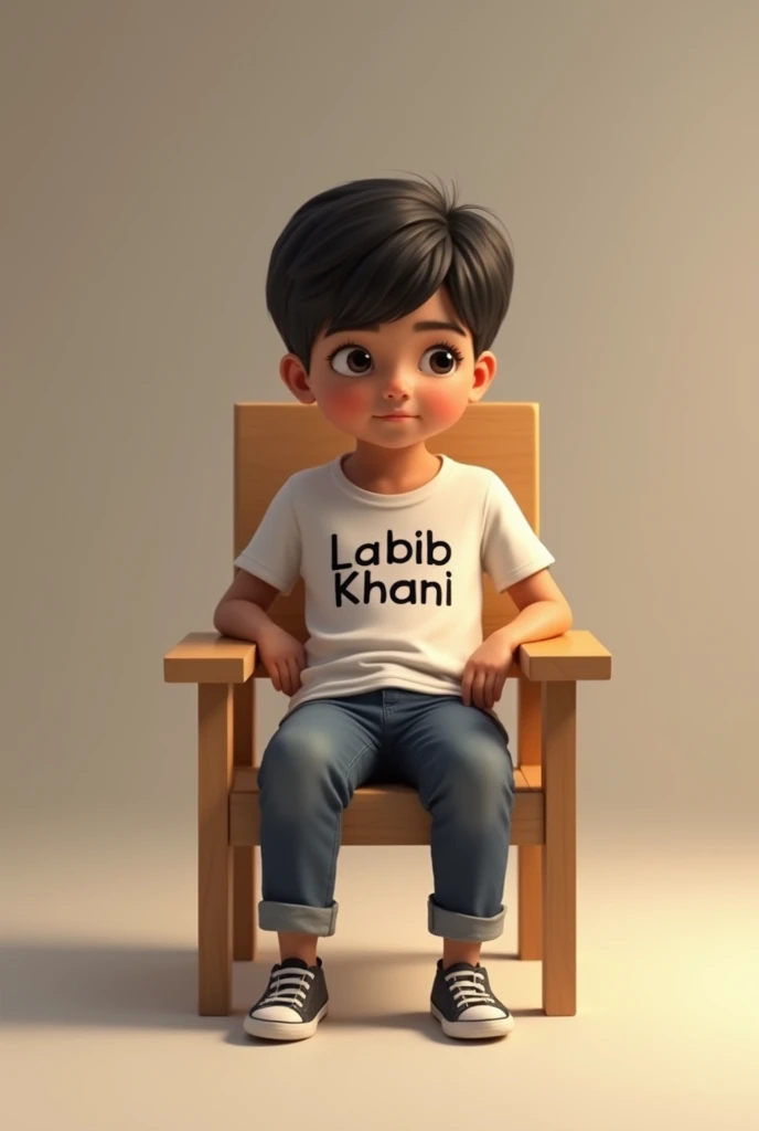 A boy, sit the Chair, her t shirt name Labib Khan