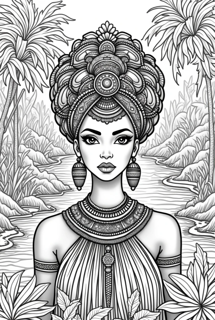 high-resolution line art coloring book page featuring the beautiful Black woman adorned with intricate jewelry and a detailed headdress. The design highlights the patterns and textures, making it perfect for a coloring book., jungle, rivers, waterfal, african