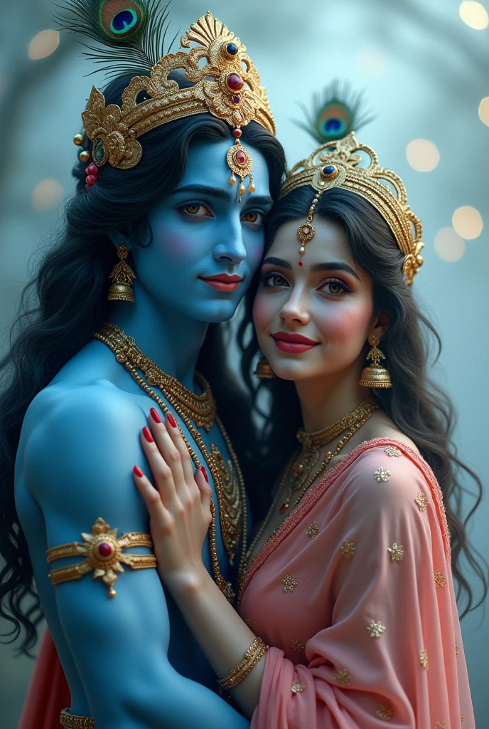 A Krishna photo , moyur pankh , real , blue beautiful photo Krishna smile with Radha , fog, light single photo both of they look at me