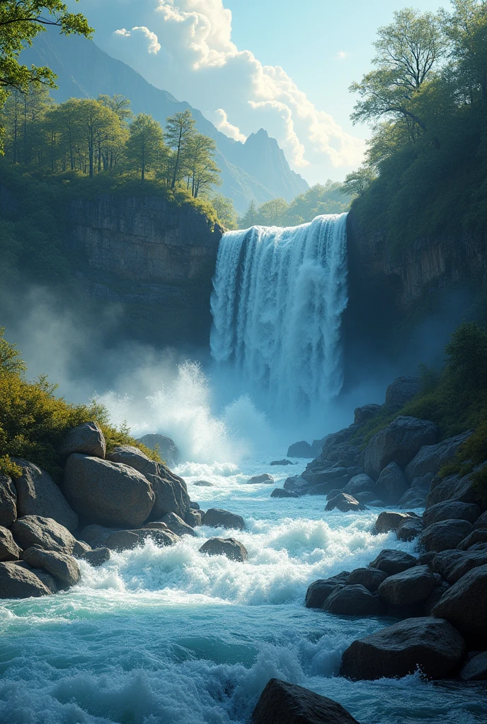 A chaotic rushing waterfall in a serene beautiful landscape, ray tracing, detailed reflections, Intricate, High Detail, dramatic, best quality masterpiece, photorealistic, detailed, 8k, HDR, backlighting, bloom, light sparkles, chromatic aberration, sharp focus
