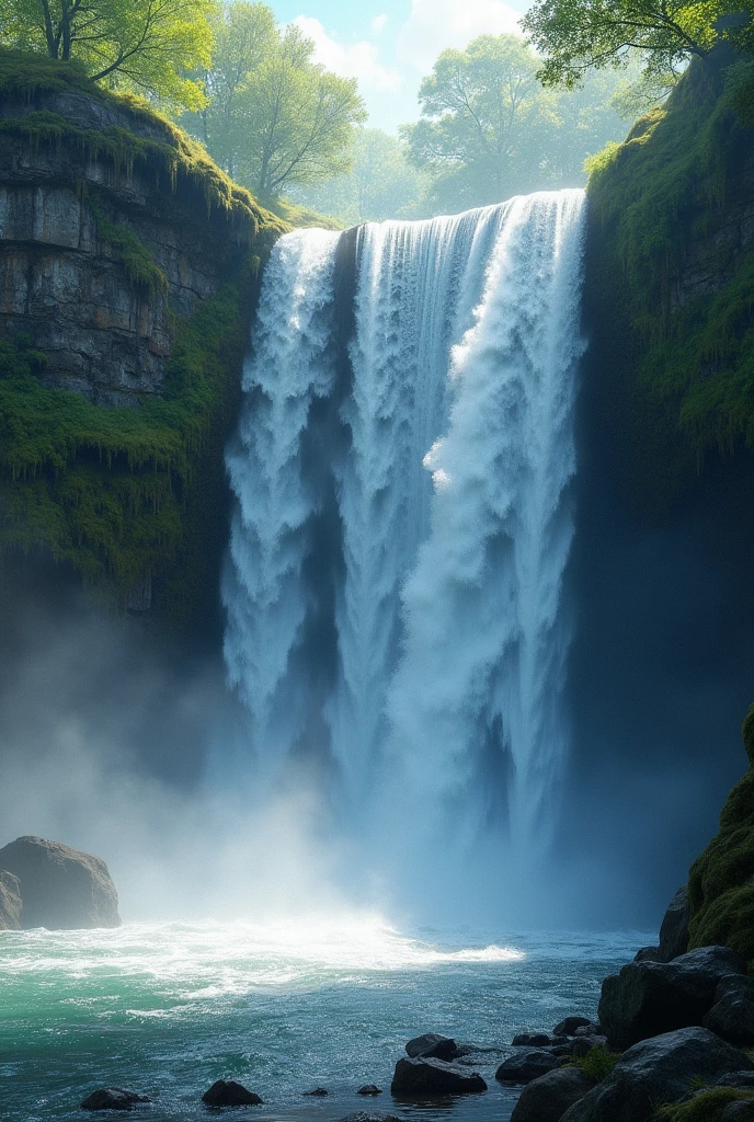 A chaotic rushing waterfall in a serene beautiful landscape, ray tracing, detailed reflections, Intricate, High Detail, dramatic, best quality masterpiece, photorealistic, detailed, 8k, HDR, backlighting, bloom, light sparkles, chromatic aberration, sharp focus