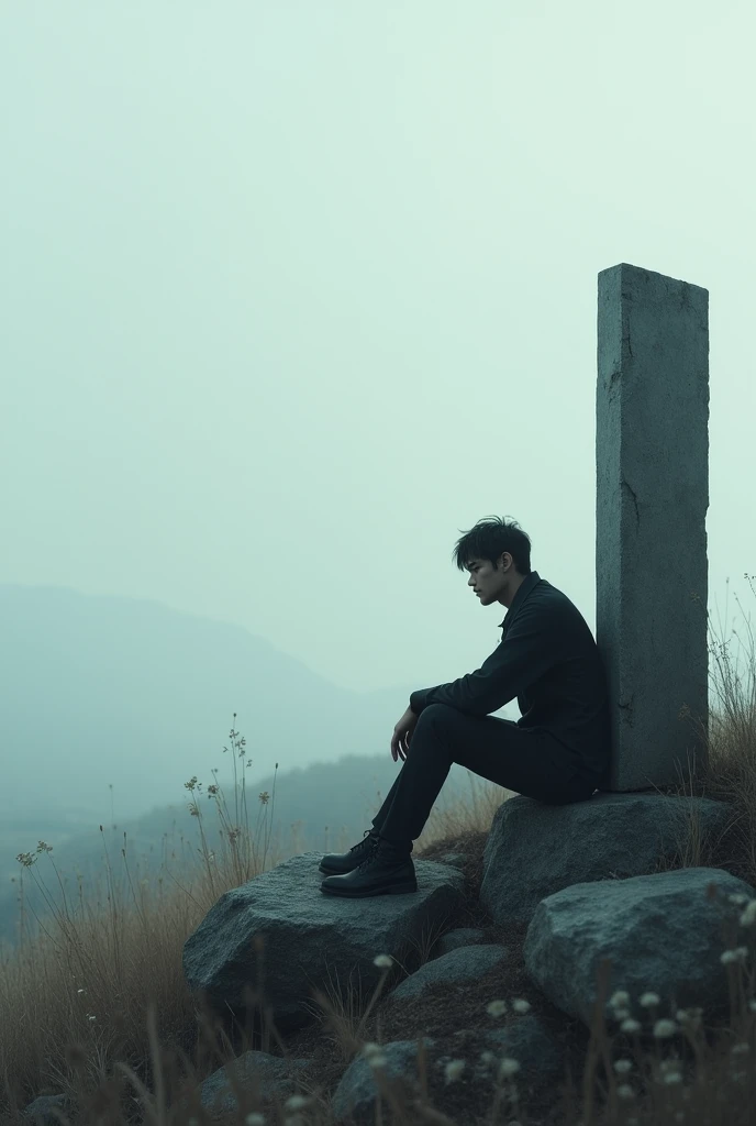 He sits beside the stone, looking at the horizon with a lost gaze, as if there was no more strength to move forward. Your memories begin to appear at the edges of the frame: the face of a loved one, a dream that was abandoned, a personal battle that failed. generates a HQ image